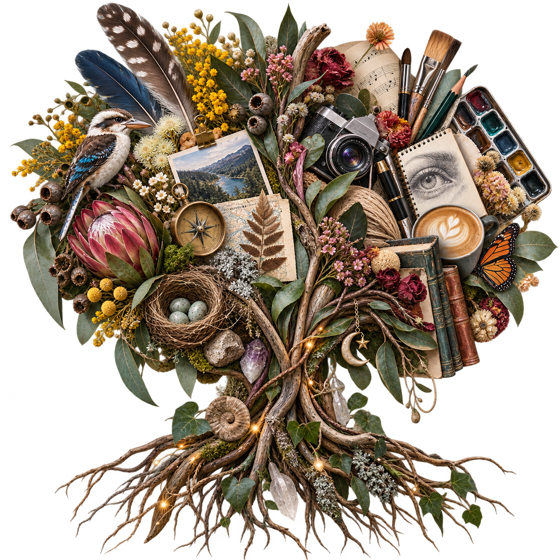Thriving Autistically 2026 art exhibition logo: a tree of life made from art materials, native plants and a kookaburra